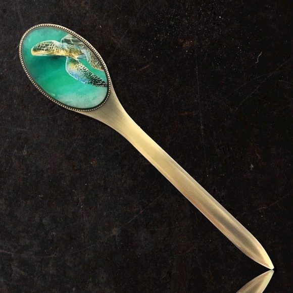 Sea Turtle Letter Opener, Nautical, Decorative, Brass & Glass, Gift Box 7.25"L - Picture 5 of 5